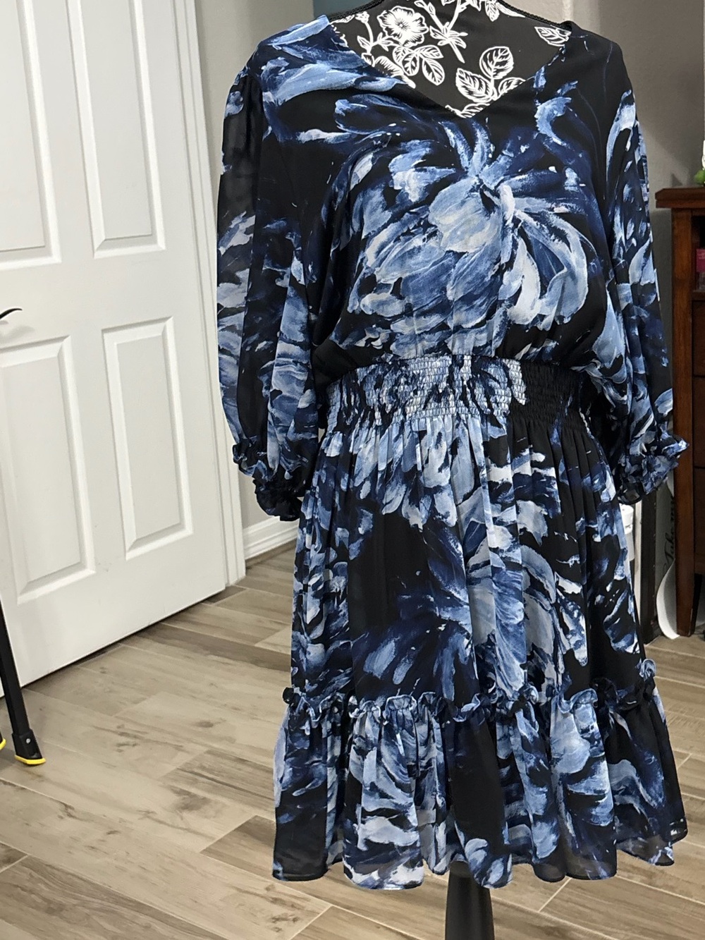 Taylor Black and Blue Floral Midi Dress